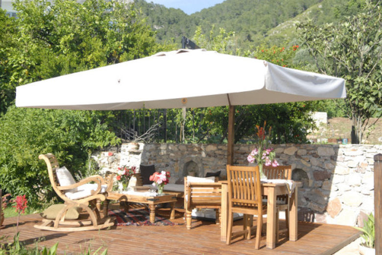 A shaded sitting area in the garden