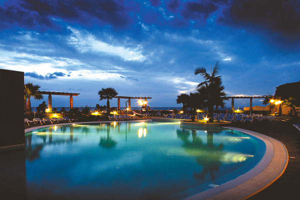 The hotel's pool in the evening