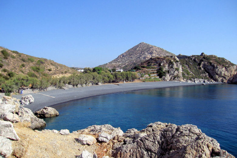 The famous volcanic beach of Mavra Votsala is a short walk away