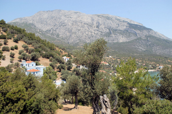 Kapsalis Apartments on the left with Mount Kerkis in the background