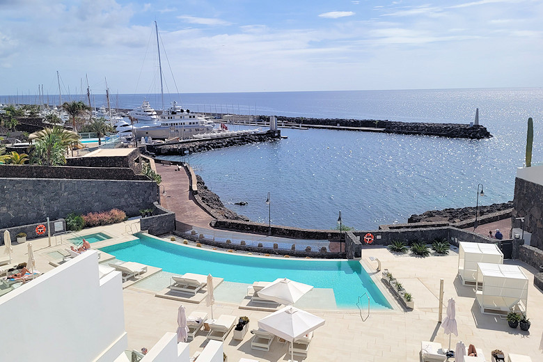 View across the pool to the marina