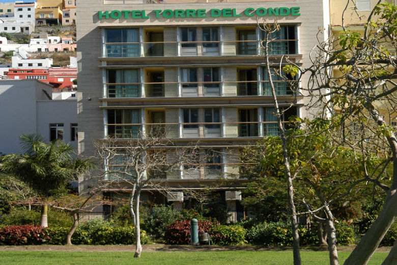 The hotel viewed from the park