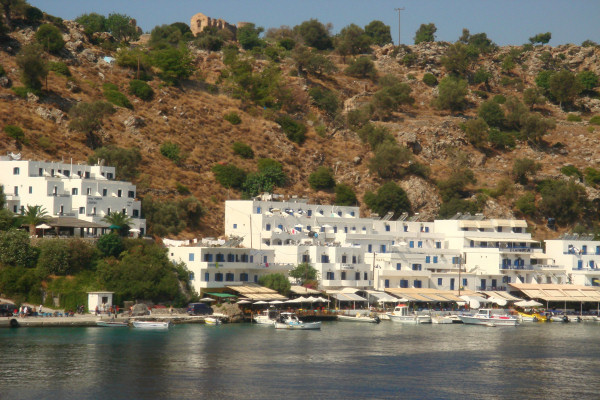 Hotel Porto Loutro II on the left