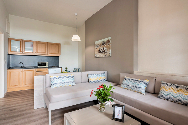 Living room and open-plan kitchen in a 1-bedroom Apartment