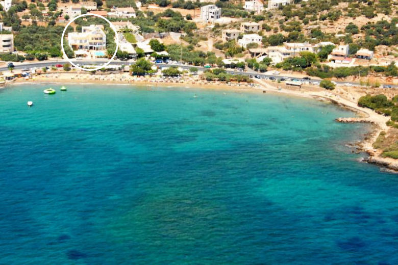 Amoudara beach with Faedra Beach Hotel (circled)