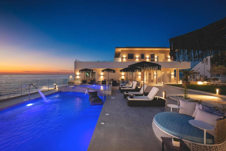 The pool area after sunset