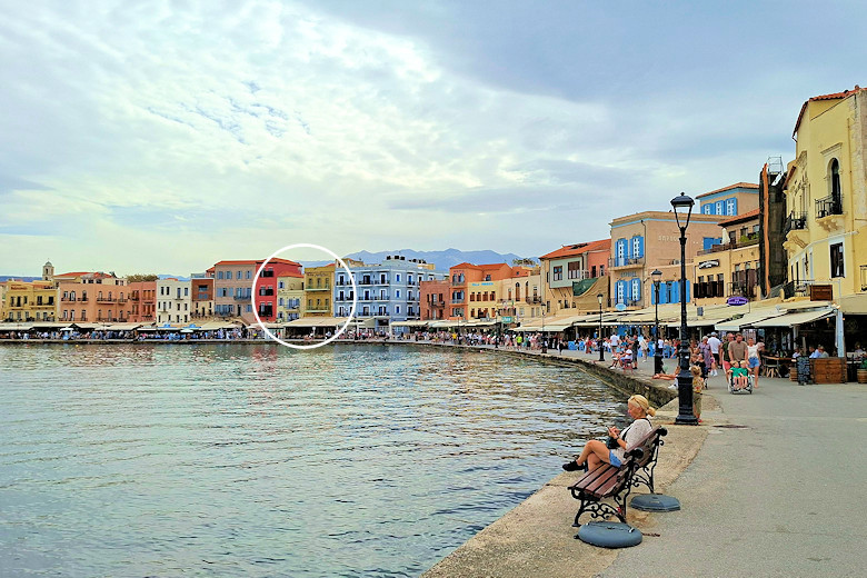Elia Zampeliou and Elia Palatino stand in the centre of Chania's bustling Venetian harbour