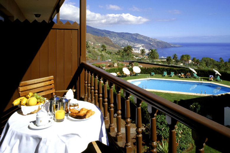 Balcony overlooking the hotel's pool