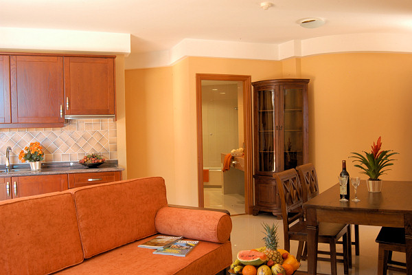 Living-dining room with open-plan kitchen in an apartment