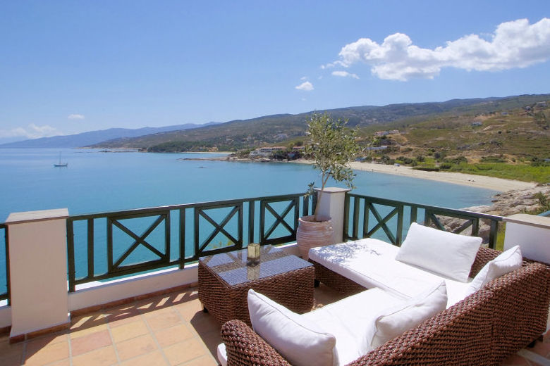 The hotel's terrace overlooks Mesakti and Livadi beaches